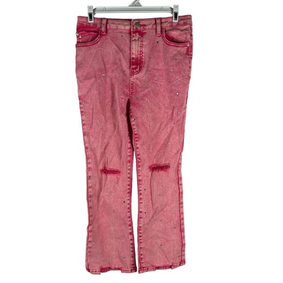Blueb Collection Pants - Blue b Collection Pink Denim Jeans Rhinestone Accents Distressed Knees & Flared